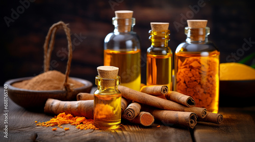 bottle, jar of essential oil extract turmeric