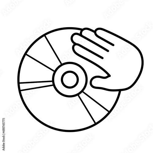 Hand with disk. DJ. Music. Black and white drawing, icon, coloring page. Vector illustration.