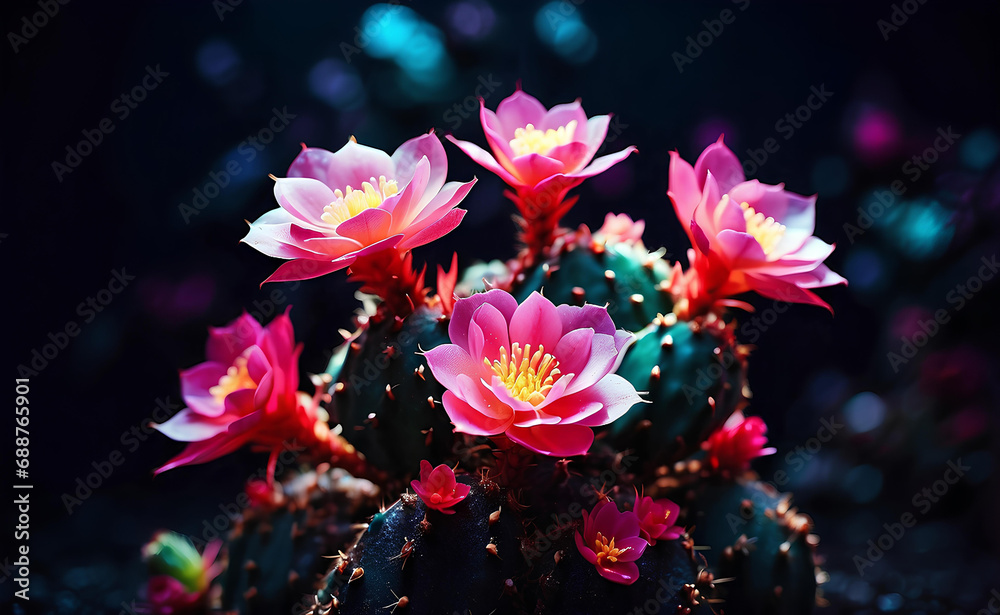 Small cactus with blooming flowers on dark background.