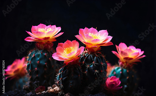 Small cactus with blooming flowers on dark background.