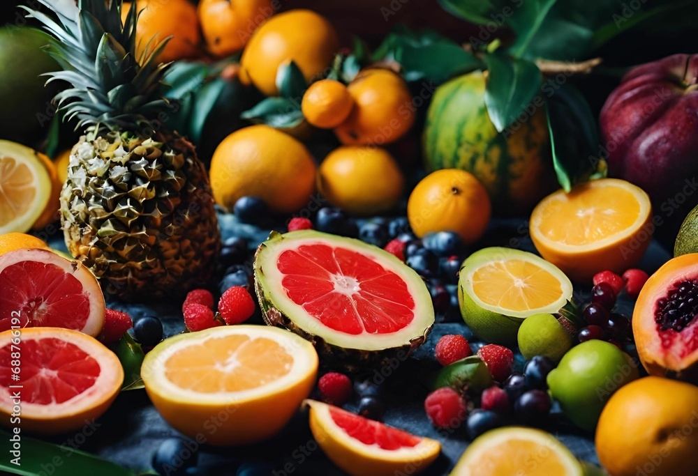 a pile of assorted fruits including oranges, kiwi and grapes a pile of assorted fruits including oranges, kiwi and grapes