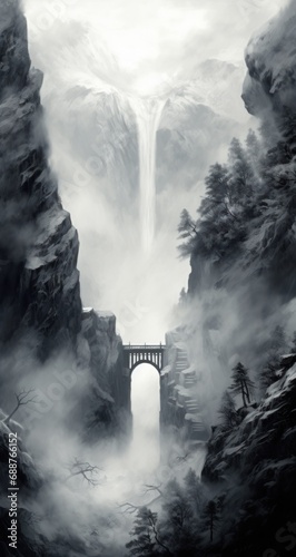 a bridge with snow covered cliffs and grass, monochromatic white figures,