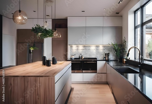 kitchen with stainless steel, white cabinets and black counters with wooden countertops