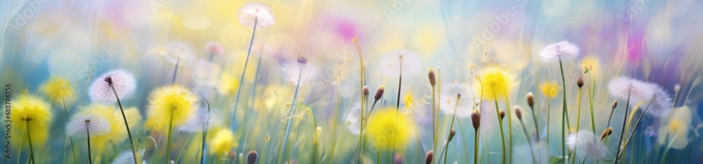 a colorful yellow and green field with yellow dandelions,