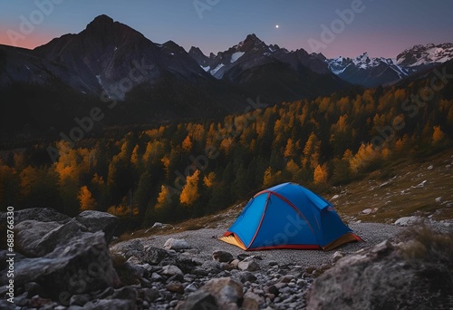 there is a tent on the mountain near the trees and rocks