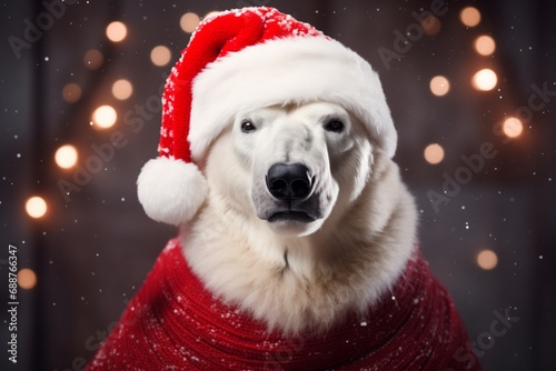 Portrait of white polar bear in Santa hat, with blurred Christmas lights on background © paffy