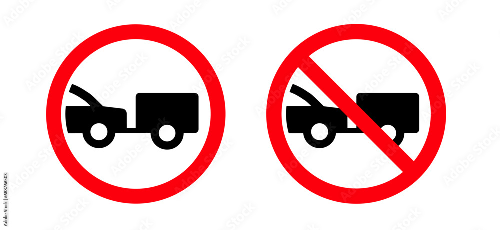 Traffic, road sign. Warning no trailer signboard. No entry of motor vehicles with a trailer. Do not enter, trailers prohibited. Information for car drivers. No towed trailers. Towed trailer icon. Traffic, road sign. Warning no trailer signboard. No entry of motor vehicles with a trailer. Do not enter, trailers prohibited. Information for car drivers. No towed trailers. Towed trailer icon.