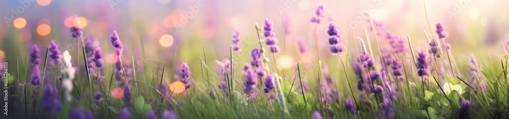 a field of green grass with flowers in the foreground,