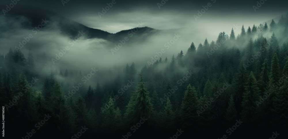 Fototapeta premium a foggy forest in the fog,