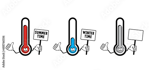 Winter, summer time. Weather thermometer or temperature indicate. Hot or cold sign. Change of seasons from autumn, winter to spring and summer. Weather Clock switch, Change time concept.