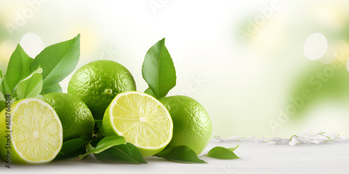 Green lime with cut in half and slices on the desk,sliced lime vith leaves isolated on white background with copy space for your text. Top view. Flat lay pattern,Lemon isolated on white,lemon limao