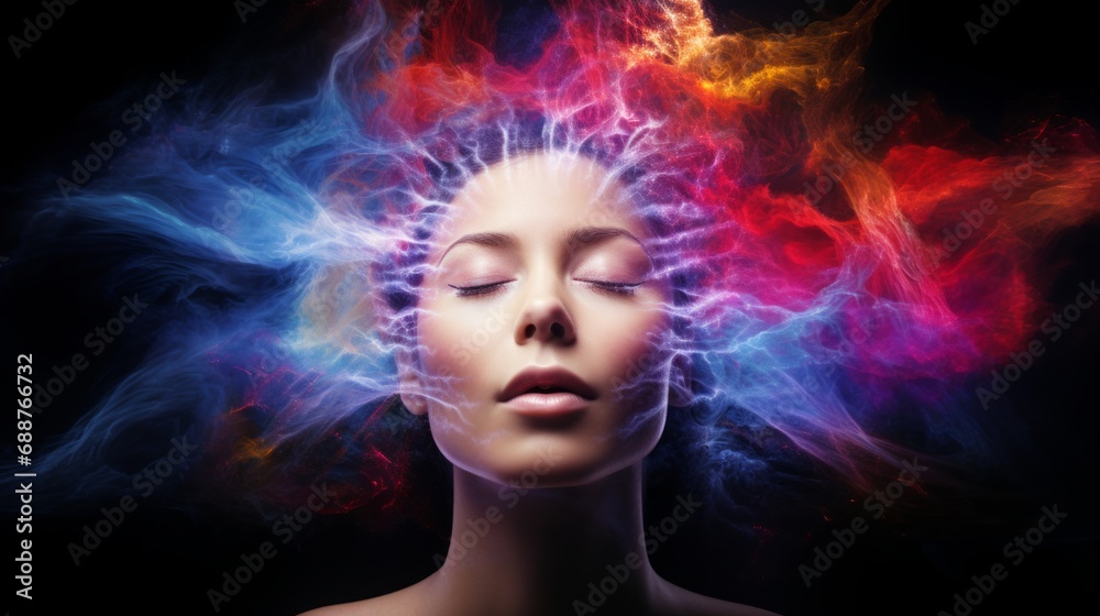 a woman with colorful smoke coming out of her head