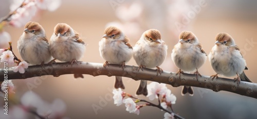 a group of birds are sitting on a branch in the garden,