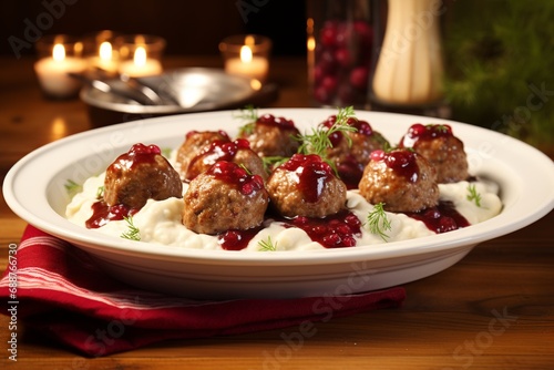 An inviting food photograph showcasing Swedish Meatballs in a creamy sauce, plated elegantly against a cozy Swedish backdrop. The dish, paired with lingonberry jam, boasts tender flavors and an inviti photo