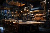 a large black and gold kitchen with wood,