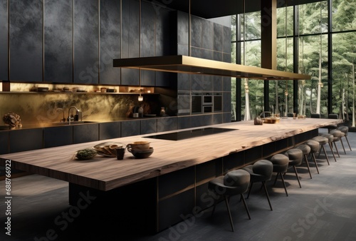 a large black and gold kitchen with wood 