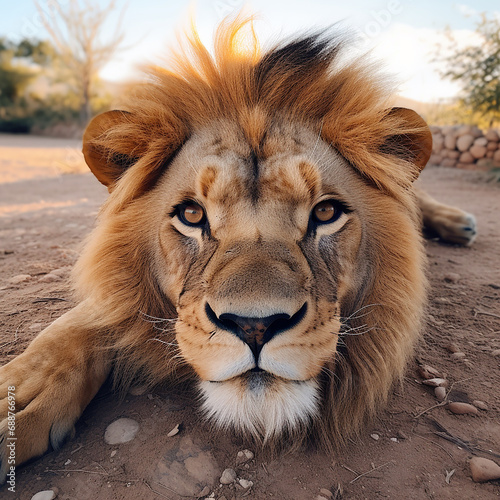 Photo A close up of a lion laying on the ground with it's front paws on the ground