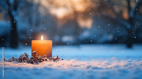 a lit candle in the snow near an oak tree, © ArtCookStudio