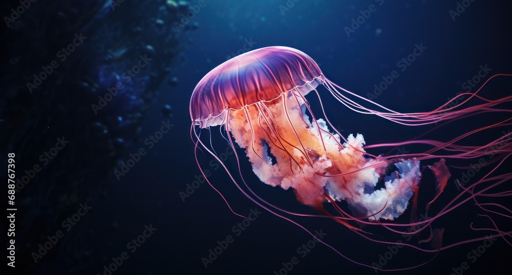 a pink jellyfish swims along in the water, a pink jellyfish swims along in the water,