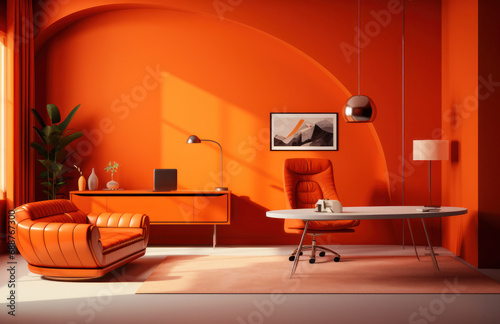 a picture of an orange office with furniture on it,