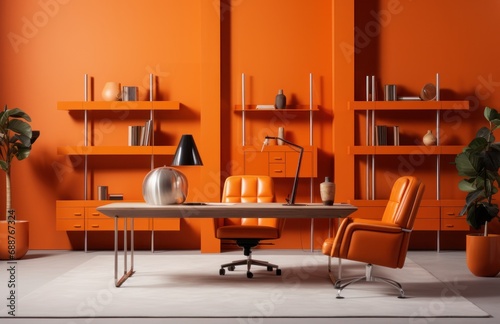 a picture of an orange office with furniture on it,