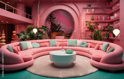 a pink and green living room has a round area,