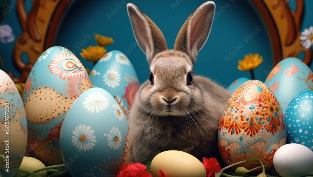 a rabbit is looking at a large area featuring easter eggs, a rabbit is looking at a large area featuring easter eggs,