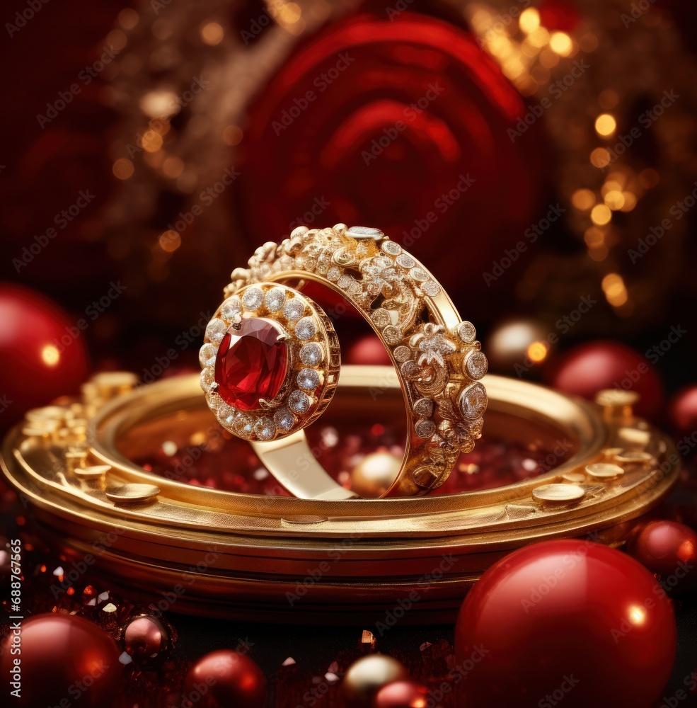 a ring and ruby on a red background surrounded by golden balls,
