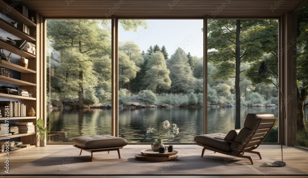 a room with windows facing a lake or forest,