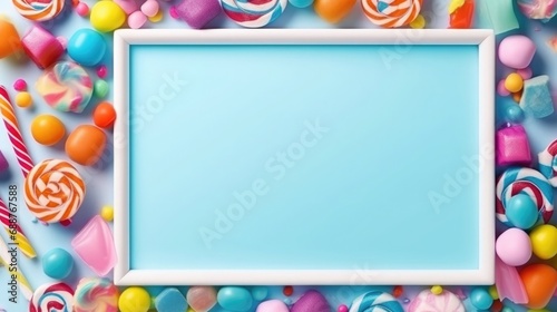 frame from candy on a bright blue background. lollipop, caramel and other sweets. party invitation card. Place for text.