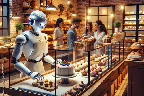 Humanoid robot assisting in a bakery, making and decorating cakes photo