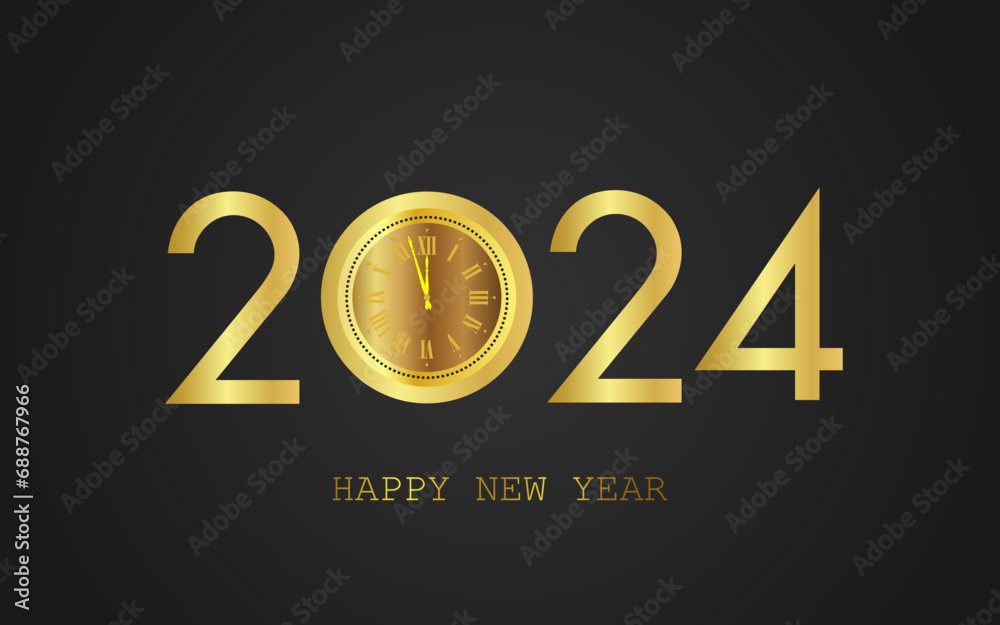 Happy New Year 2024 - Unique and luxurious Clock And Gold. Premium vector design