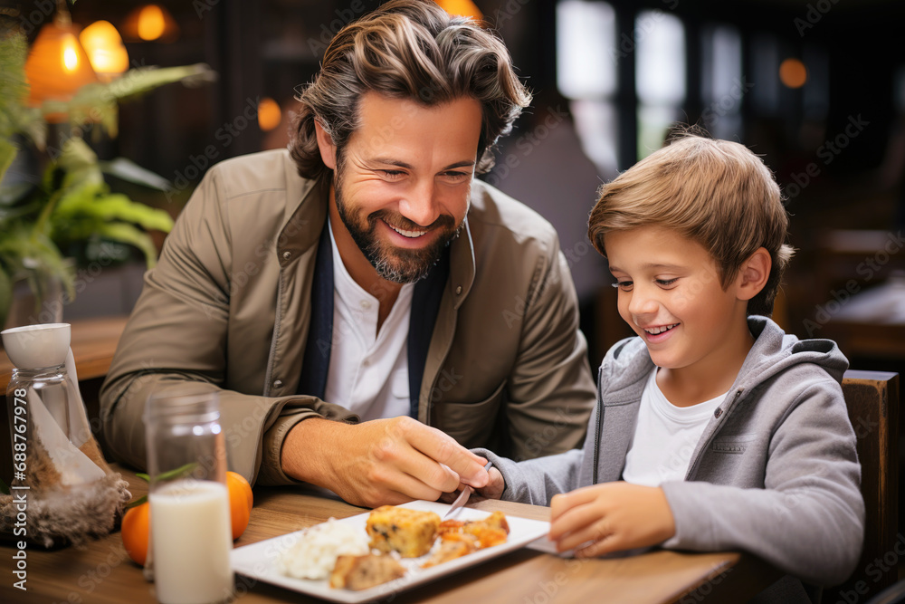 Father and son eating at dining table. Family concept. Generative AI