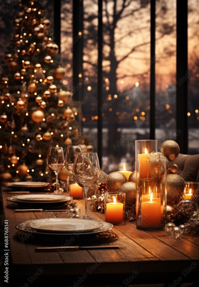a table with candles and a christmas tree in front of it, a table with candles and a christmas tree in front of it,