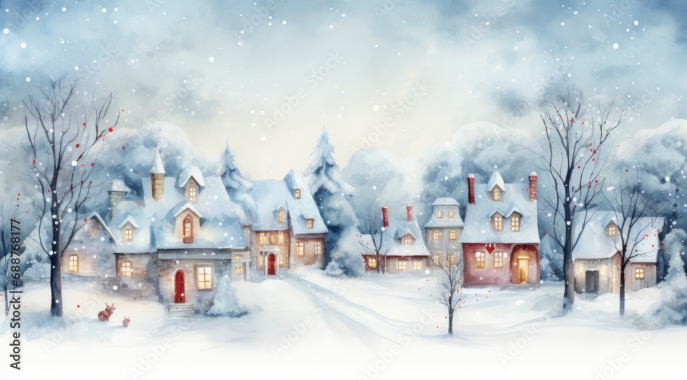 a watercolor illustration of houses from a snowy winter evening,