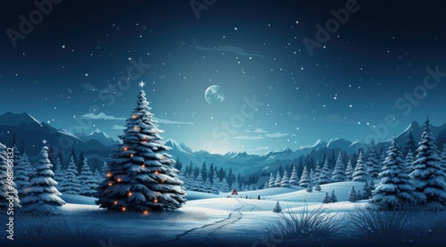 a snowy snowy landscape with a christmas tree in the middle, © ArtCookStudio