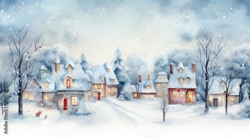 a watercolor illustration of houses from a snowy winter evening,