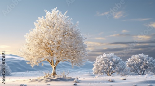 a snow covered christmas tree stands alone on snow covered ground,