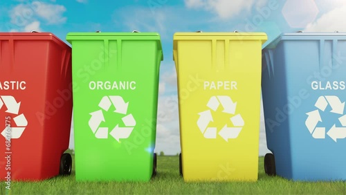 Multicolored trash containers for sorting household waste and further recycling. Each trash can is designed for a separate type of waste and garbage. Recycling waste are needed for environment saving. photo