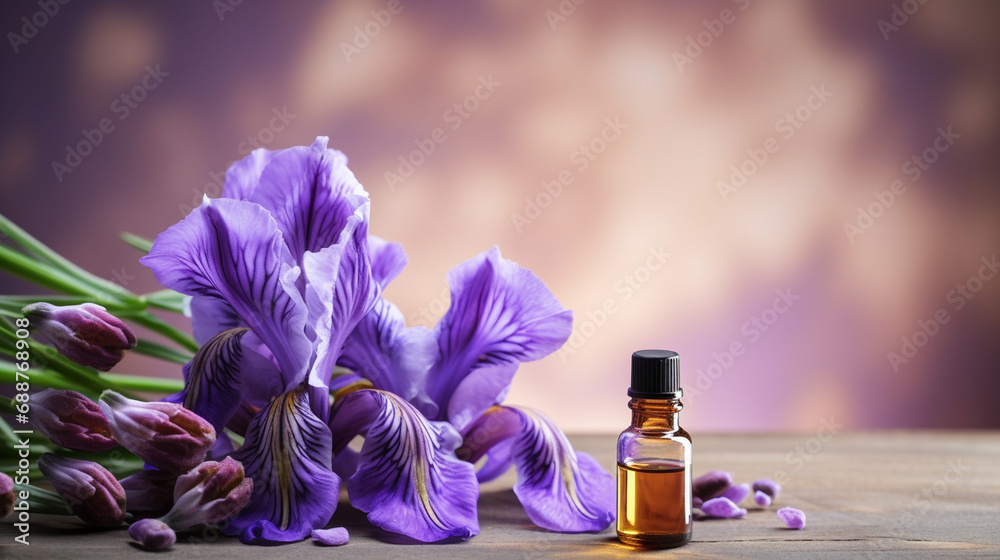 bottle, jar with essential oil extract iris - obrazy, fototapety, plakaty 