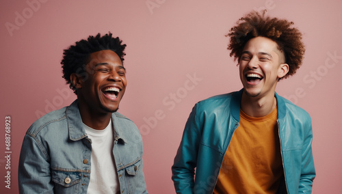Two interracial best friends laughing and having a good time together in a studio