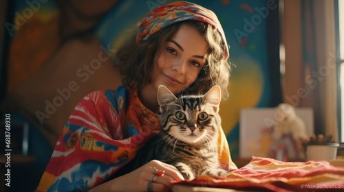 Artist woman posing with her cat