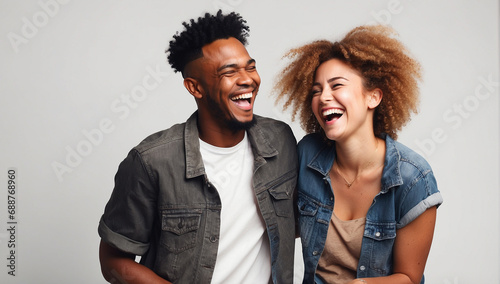 Two interracial best friends laughing and having a good time together in a studio