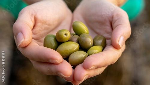 Macro Shot of Black and Green Olive Oils in Farmer's Hand