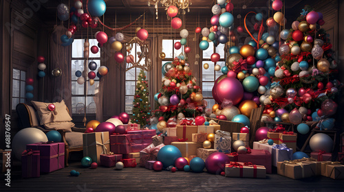 a room filled with different coloured christmas baubles and presents