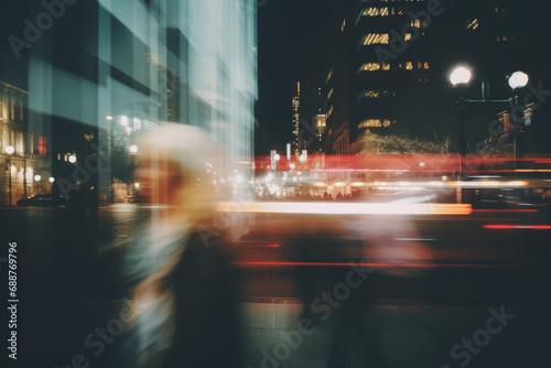 Natural bokeh of city centre view, blurred out of focus background. Abstract beautiful backdrop for text or advertising. Unfocused buildings and people