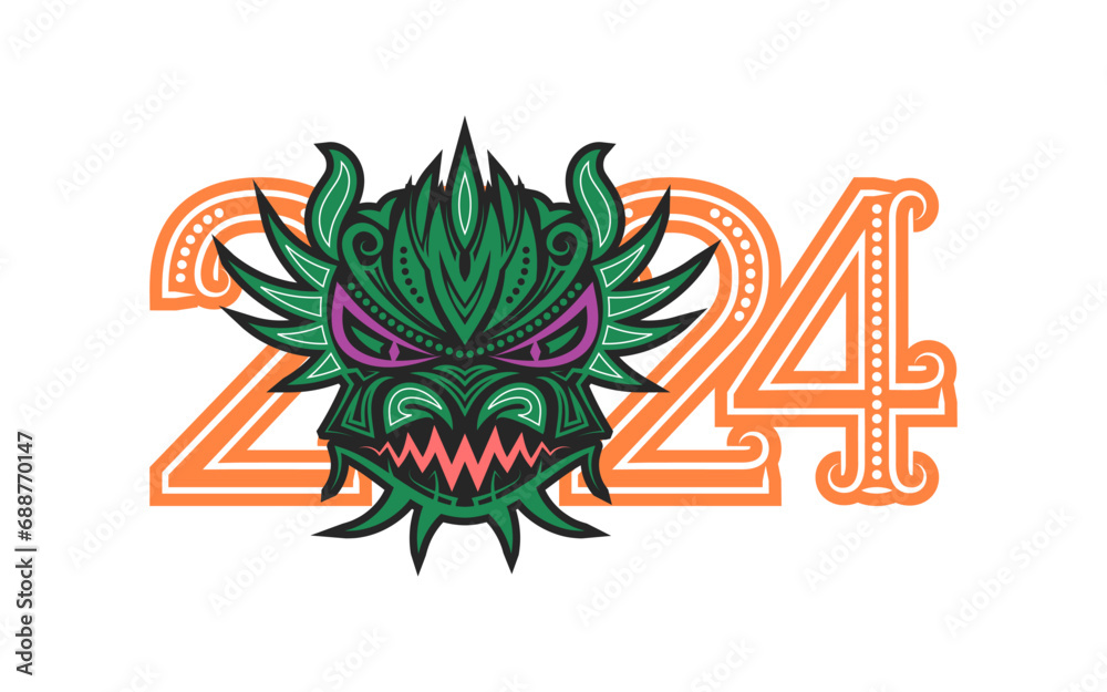 Obraz premium Green dragon is Chinese symbol of New Year 2024. Cute dragon face with year numbers. Greeting card design.
