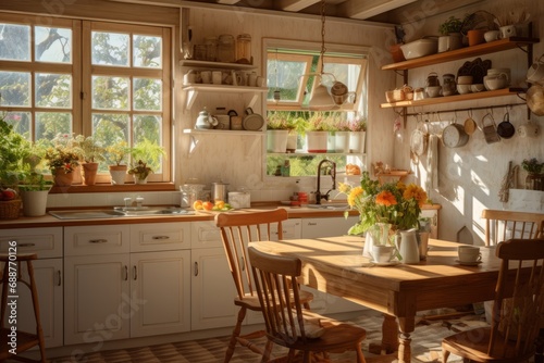 Cozy farmhouse style kitchen interior, room filled with all sorts of appliances and details rustic kitchen