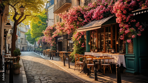 Fotografie, Obraz street in Paris, with quaint cafes and flowering balconies