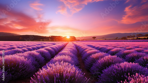 lavender field at sunrise, with soft morning light. ai generated.